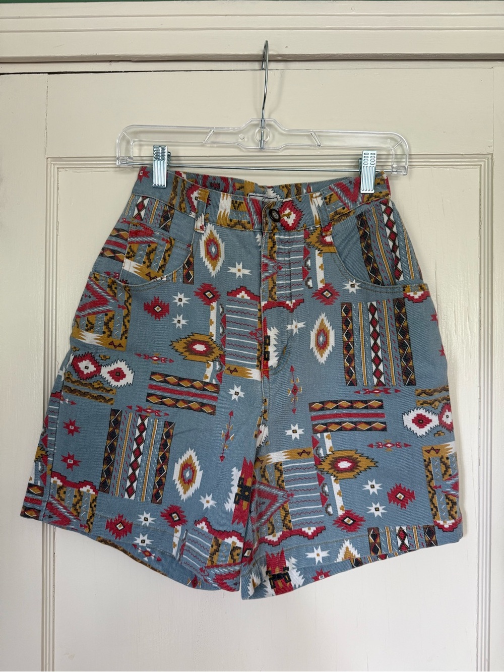 Oleg Cassini Blue Aztec-Print Cotton Shorts with Red and Mustard Accents